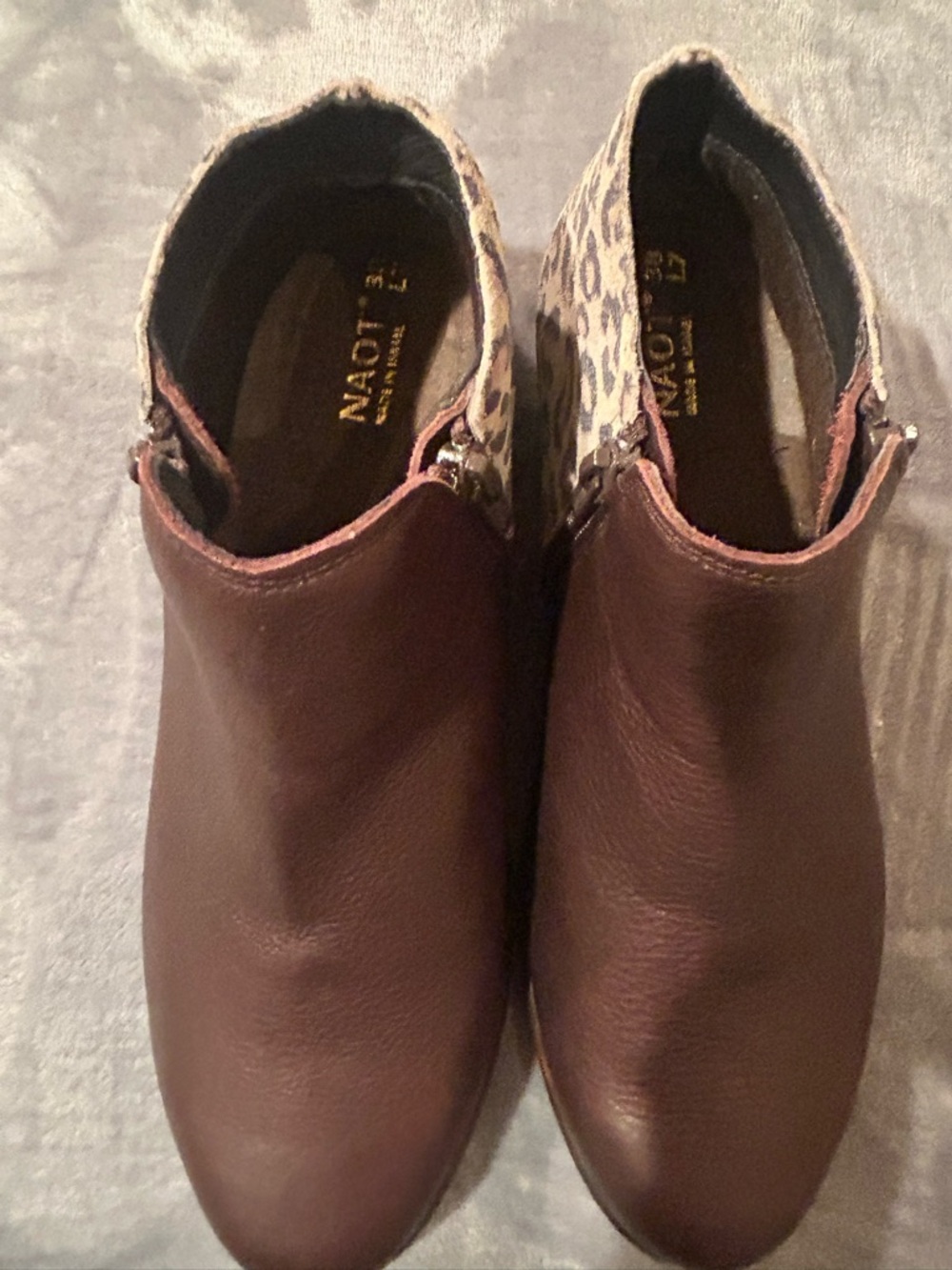 NAOT. HELM Side zip ankle boot. Brown leather/Cheetah/size 38/7-7.5/ Retail $259